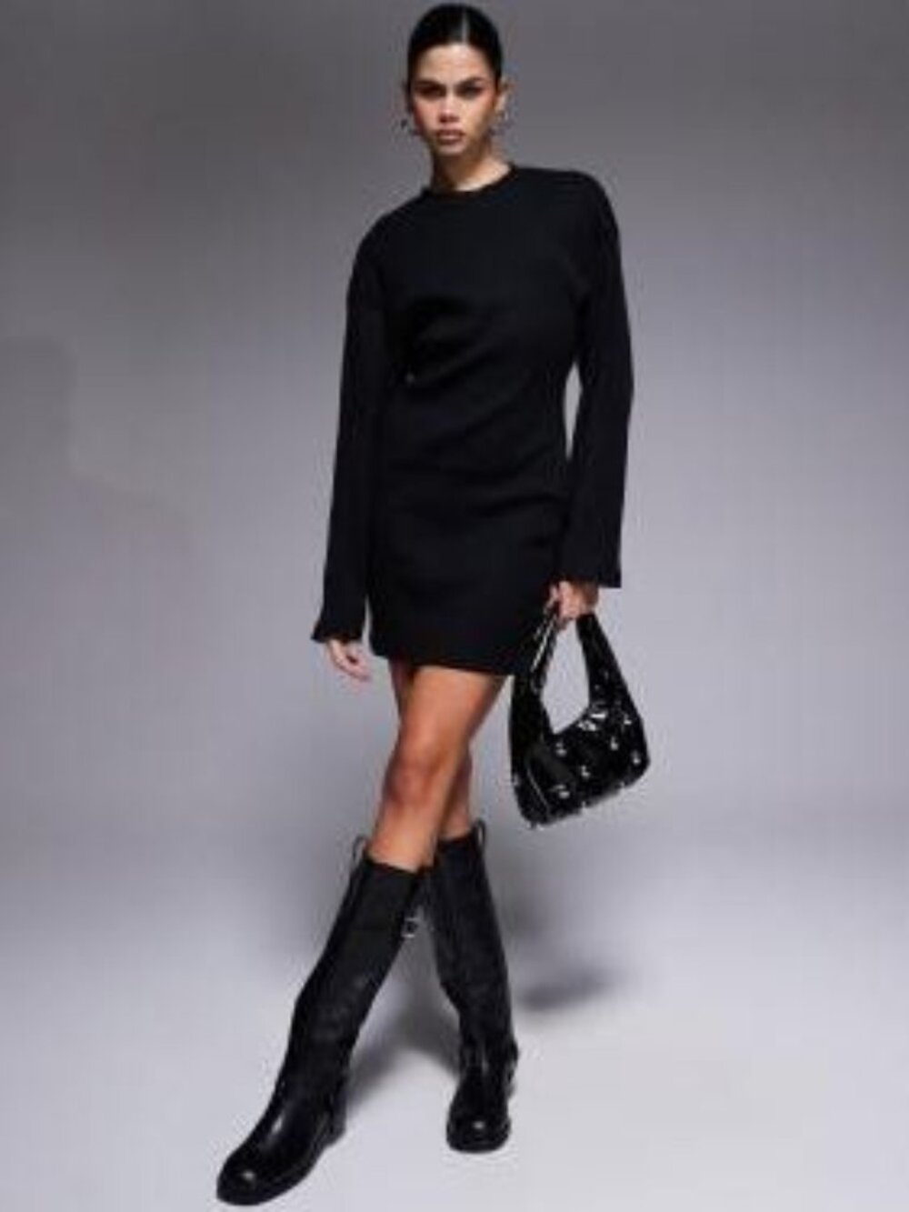 ASOS DESIGN button detail wide rib crew neck mini dress in black